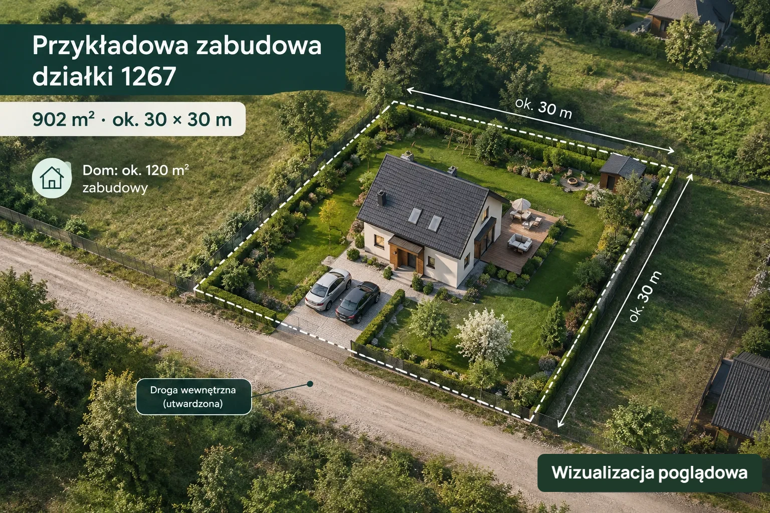 Wizualizacja poglądowa: przykładowa zabudowa działki 1267 o powierzchni 902 m², dom ok. 120 m² zabudowy przy drodze wewnętrznej